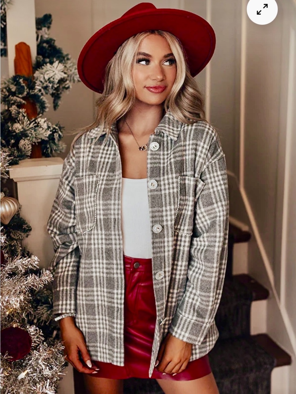 Start The Bonfire Rhinestone Embellished Plaid Shacket/Jacket In Grey